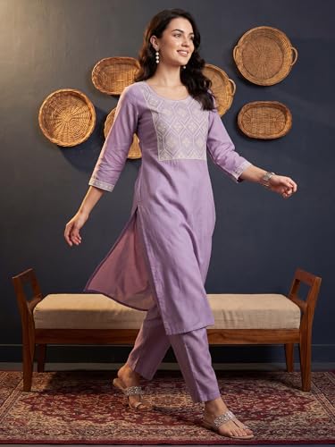 Image of INDO ERA Women's Silk Blend Geometric Embroidered Thread Work Kurta & Pant Set | Co Ord Set For Women Stylish