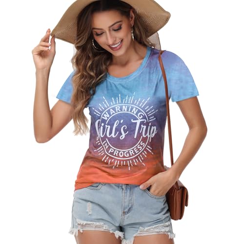 Image of Women's Casual Warning Girls Trip in Progress T-Shirt Casual Crewneck Short Sleeve Graphic Tee