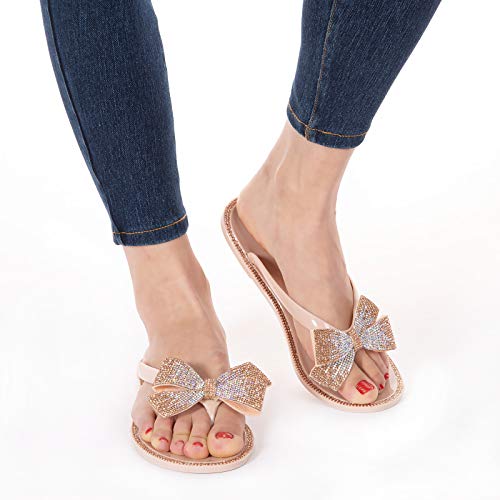 Image of Mtzyoa Women Flip-Flops Flat Sandals Jelly Bow Beach Flat Rivets Rain Cute Dressy Summer Sandals