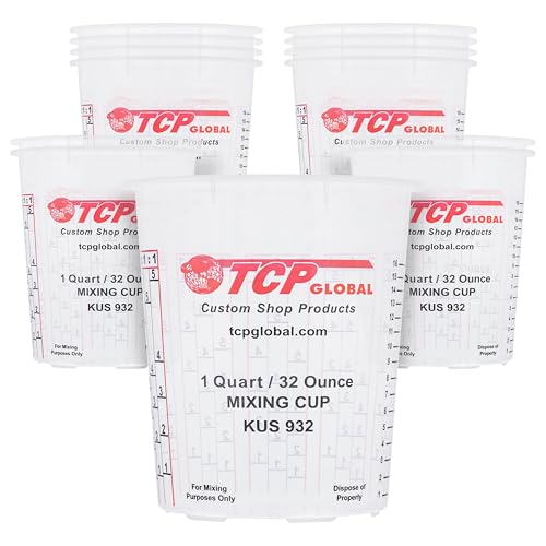 Custom Shop Paint Mixing Cups, 32-Ounce (12 Pack) - Plastic Measuring Cups for Liquids, Automotive Painting, Epoxy Resin, Acrylic Arts, Crafts, Disposable or Reusable, Graduated, Mixing Ratios
