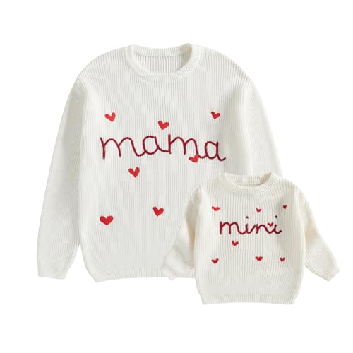 Mommy and Me Sweater Matching Family Outfit Long Sleeve Knit Sweater Pullover Mom and Baby Clothes (Baby, 3-6 Months, Cream White)