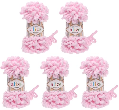 Alize Puffy 5 x 100 g wool, 500 g of yarn for finger knitting extra bulky wool with loops for knitting without using needles Rosa 31