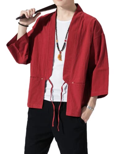 Image of Men's Japanese Kimono Cardigan Loose Cotton Linen 3 /4 Sleeve Open Front Casual Summer Shirt Jackets