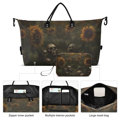 Large Travel Duffel Bag, Skulls and Sunflower Sports Tote Gym Bag, Shoulder Weekender Overnight Bag for Women Men, Carry On Luggage with Toiletry Bags2