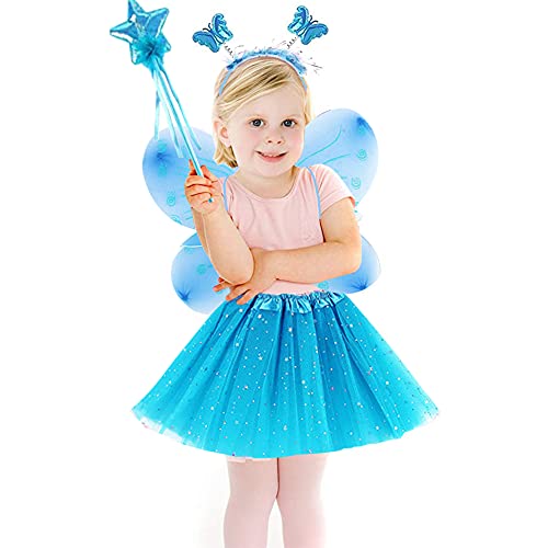 AISOO Deguisement de Clochette fée Papillon - Ailes, Baguette, Serre-tête et Tutu - Déguisement Papillon pour 3 - 8 Ans -Couleur Violet Rose Bleu (Bleu)