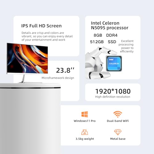 Image of All-in-One Desktop Computer, 23.8-inch,N100 Quad-Core Processor, 8GB DDR4 RAM, 512GB SSD, Windows 11, White, Includes Keyboard and Mouse