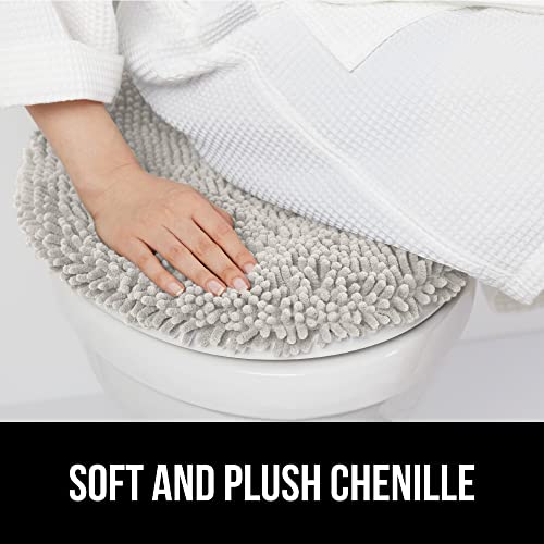 Image of Gorilla Grip Original Shag Chenille Bathroom Toilet Lid Cover, 19.5 x 18.5 Inches Large Size, Machine Washable, Ultra Soft Plush Fabric Covers, Fits Most Size Toilet Lids for Bathroom, Light Gray
