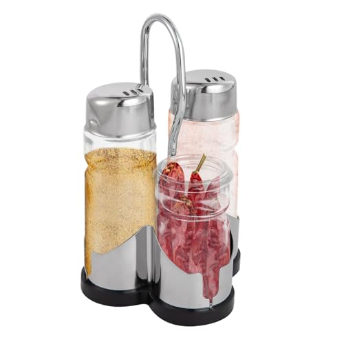 Saleros de cocina Set 3 Recipientes Acero Inoxidable Vidrio Salero y Pimentero，set especiero, salero y pimentero con base y tapa transparentes, cocina, hogar