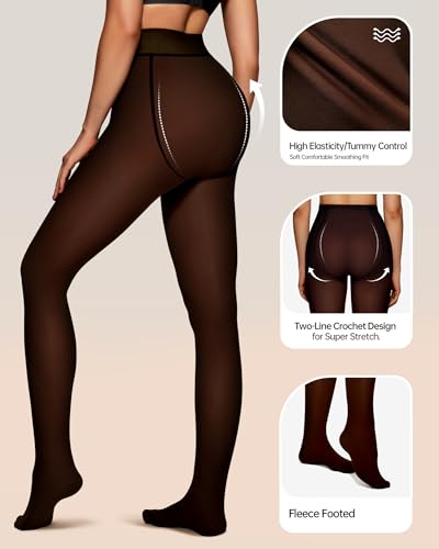 Image of OEAK Womens Fleece Lined Tights Fake Translucent Pantyhose Thermal Opaque High Waisted Winter Legging Footed Sheer Tights