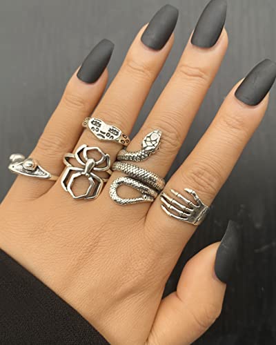 Vintage Silver Goth Punk Rings For Men Women Girls, Cool Gothic Ring Pack, Chunky Stackable Animal Rings Bulk,Statement Stacking Rings, 32Pcs Open Snake Butterfly Ace Eboy Y2K Ring Set,17Mile Jewelry (Silver Color 32Pcs) #TOP5