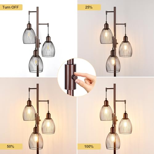 Image of Dimmable Floor Lamp, 3 x 800LM LED Edison Bulbs Included, Farmhouse Industrial Floor Lamp Standing Lamp with Elegant Teardrop Cage Head Tall Lamp for Living Room Bedroom Office Dining Room - Brown