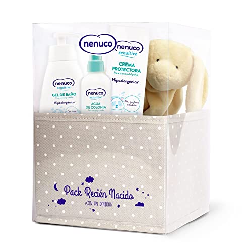 Nenuco Canastilla Regalo Bebé Recién Nacido con Gel de Baño 400 ml, Agua de Colonia 175 ml, Crema para la zona del pañal 100 ml y Doudou