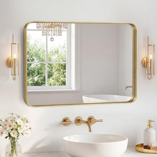 Image of NEWBULIG 24 inchx40 inch Wall Mirror, Bathroom Mirrors for Over Sink, Glod | Matte Metal Framed Vanity Mirror with Tempered Glass, Entryway, Living Room, Bedroom
