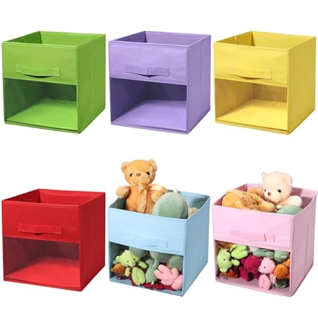 6 PCS Clear Cube Storage Bins, 10.5 x 10.5 x 11 Inches Foldable Storage Cubes, Cube Storage Cases with Handle Design, Non-Woven Cloth Organizers for Clothes, Toys, Books