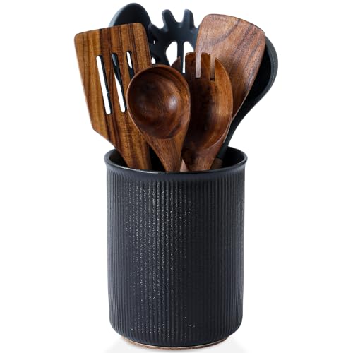 Image of LoeJan Utensil Holder, Extra Large Utensil Crock, Stable Ceramic Utensil Organizer, Cooking Tool Organizer Set for Kitchen Counter Farmhouse Decor, Textured Black