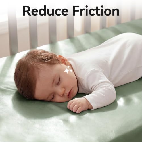 Image of 2 Pack Satin Crib Sheets for Baby Hair Care - Oeko-TEX Certified Silky Soft Fitted Mattress Cover 28x52 - Breathable & Gentle on Skin, Snug Fit for Standard Crib (Sage & Champagne)