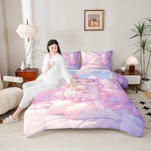 Image of Erosebridal Romance Girly Comforter Set for Kids Boys Girls Anime Girl Bedding Japanese Girl Duvet Set Cute Cartoon Bear Comforter Queen with 2 Pillowcases