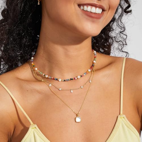 KissYan Beaded Choker Necklace for Women, Colorful Natural Gemstones Pearl Choker 14K Gold Plated Pendant Healing Crystal Necklace Handmade Stone Jewelry Gift3