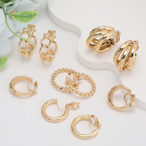 5 pares de aretes tipo argolla dorados clip on para mujer miniatura 5