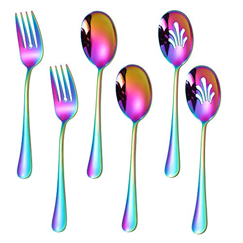 Serving Spoon x 2,Slotted Serving Spoon x 2,Serving Forks x 2,Stainless Steel Catering Serving Utensils for Party Buffet Dinner Banquet Cooking KitchenMirror Finish Flatware,6 piece-Sï¼ˆRainbow6ï¼‰