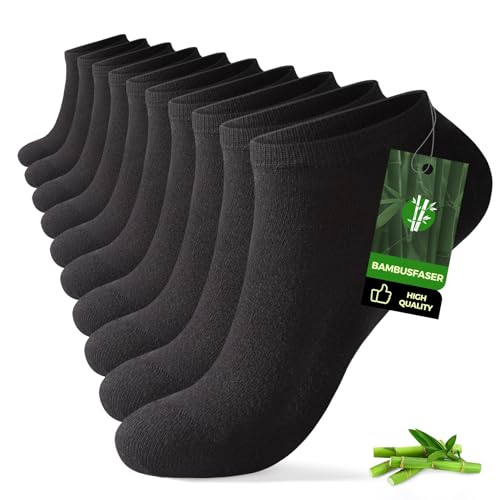 FALARY 10 Paar Sneaker Socken Herren 43-46 Damen Bambus-Viskose Anti-Geruch Halbsocken Antibakterielle Laufsocken Schwarz