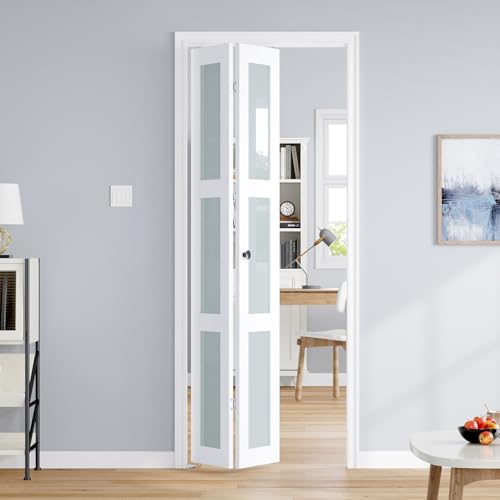 Roymelo Puertas plegables para apertura de 32 x 80 pulgadas, puerta plegable de granero de vidrio esmerilado blanco premontada, panel de madera interior deslizante con kit de accesorios ocultos