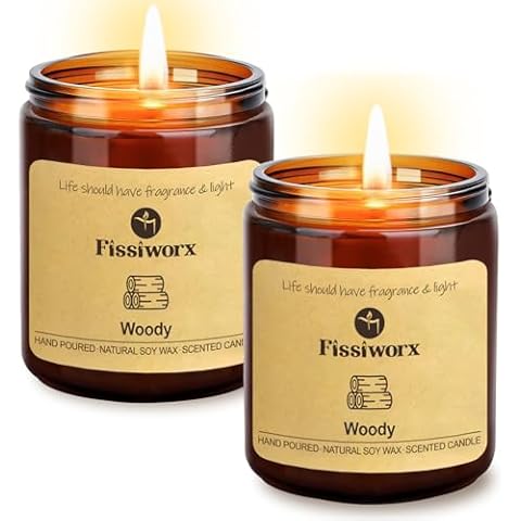 Fissiworx Woody Scented Candle Set 2 Pack, Candle for Home Scented, Odor Eliminating, Stress Relief, 15oz, 110 Hours Long Lasting Candles, Soy Candle Present Set for Women Cover