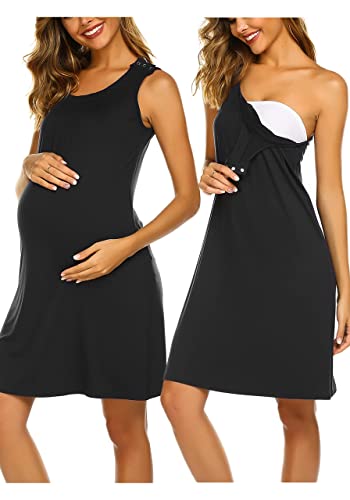 Ekouaer 3 In 1 Labor/Delivery/Hospital Gown Maternity Dress Nursing Nightgown Sleepwear For Breastfeeding O Neck Sleeveless Nightshirt Sleeping Dress Black Medium #TOP20