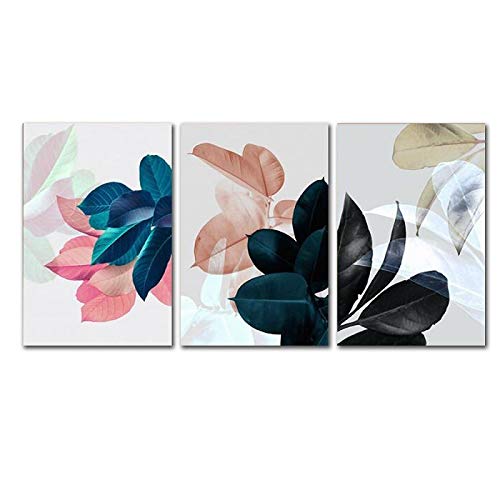 Imágenes de hojas coloridas en lienzo de pintura abstracto con tres láminas de 70x100cm