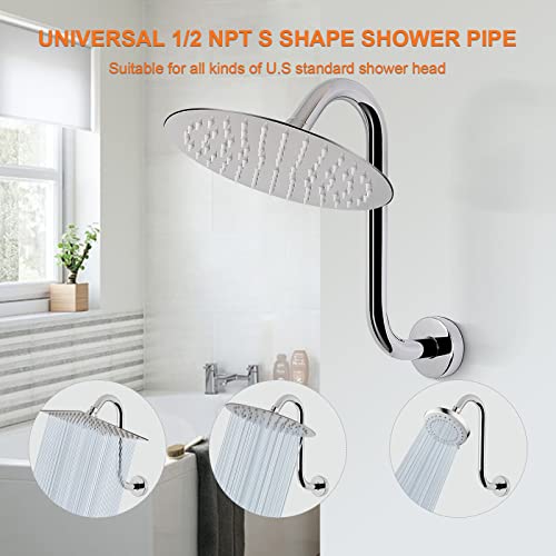 Harjue S Shaped Shower Arm, High Rise Shower Head Extension Pipe Standard 1/2" Connection With Flange, Awesome Shower Experience-Stainless Steel Bathroom Accessory(12 Inch S Shape, Chrome Finish) #TOP2