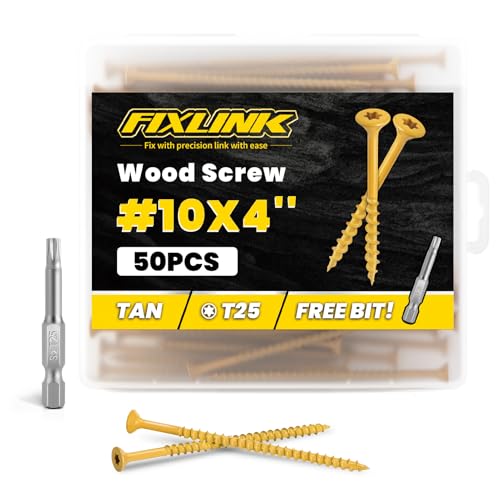 Image of Wood Screws 4 Inch, FIXLINK Deck Screws #10 x 4, 50 PCS, Epoxy Coated, T25 Star Bit Above 1500 Hour Salt Spray Coating Outdoor Decking Screws Excellent Rust Resistant for Wood Fence, Tan