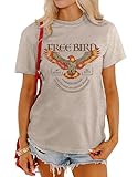 MAPICK Women Vintage Free Bird Graphic T-Shirts Band Music Tees Short Sleeve Tee Tops Country Concert Clothing(Cream Grey,X-Large)