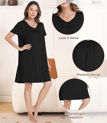 Image of NACHILA Women's Nightgowns Short Sleeve Sleepshirts Cooling Nightshirts Soft Sleepdress, Viscose Made from Bamboo