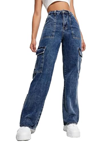 Image of Glossia Fashion High Waist Cargo Denim Jeans for Women Wide Leg Stretchable Straight Fit Jeans(WJ1-1215-$)