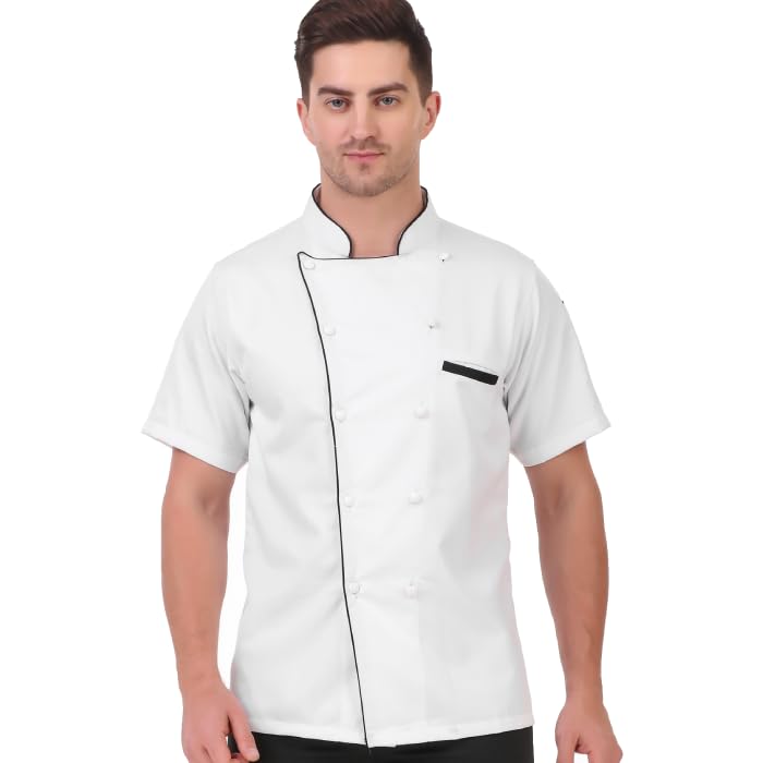 Royal Series White Chef Coat Black Piping, Half Sleeves, Poly/Cotton, Size