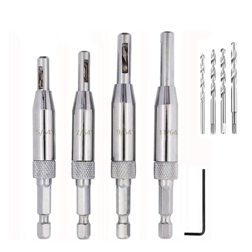Fongmore 4pcs 5/64 7/64 9/64 11/64 Self Centering Drill Bit Set 1/4' Hex Handle for Wooden Door and Window Hinges with Hex Key L 4 Drill Bits