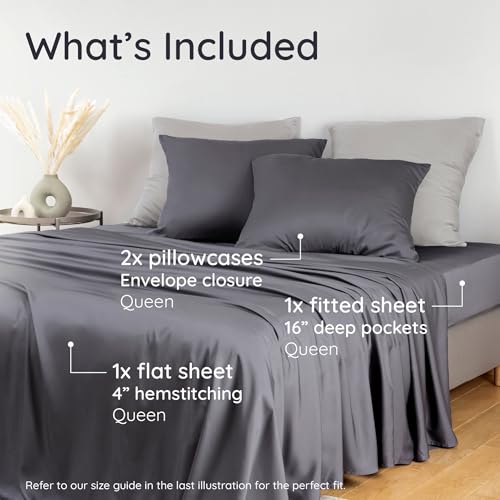 Image of Bambaw 100% Viscose Derived from Bamboo Sheets Queen Size Set - 4pcs Cooling Sheet Set, Super Soft Sheets Queen Size, Luxury Bed Sheets, Deep Pocket Fits Up to 16'' Mattresses (Charcoal)