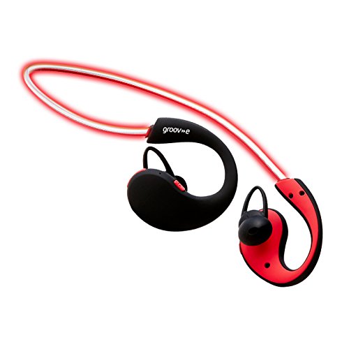 Groov-e Action Bluetooth Wireless In-Earphones with LED Neckband, IPX6 Sweatproof, Secure Fit Earbuds, Hands-Free Calling - Ideal for Gym/Sports - Red