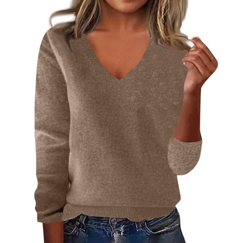 QUFECH Cashmere Sweaters for Women Long Sleeve V Neck Trendy Jumper Knitted Pullover Soft Warm Lightweight Wool Sweater, 1-camel, XX-Large
