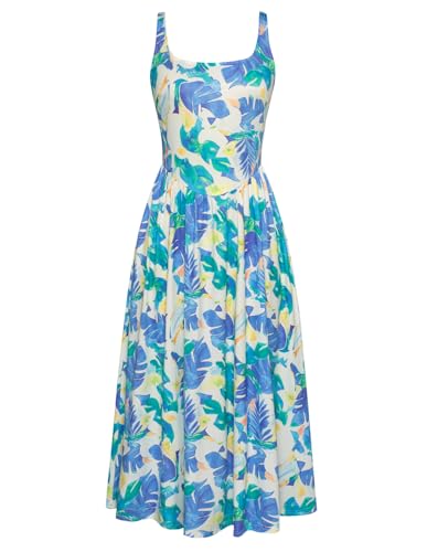 Damen Frühling Sommer Midikleid Leichtes Fließendes A-Linie Sommerkleid Blumen Boho Freizeitkleider Grüne Blätter M