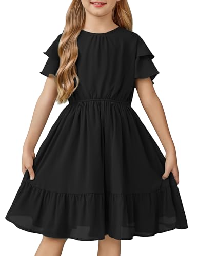 Arshiner Girls Dresses Formal Ruffle Sleeve Elegant Chiffon Party Pleated Casual Swing Dress with Pockets for 5-12 Years