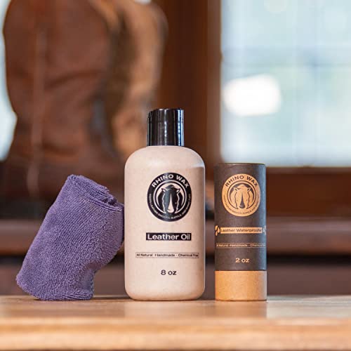 Rhino Wax - Boot Care Starter Kit - Leather Boot Oil (8 Oz) + Leather Boot Waterproofing Wax (2 Oz) + 1 Microfiber Towel - All-Weather Protection For Leather Work Boots, Hiking Boots, Or Cowboy Boots #TOP7