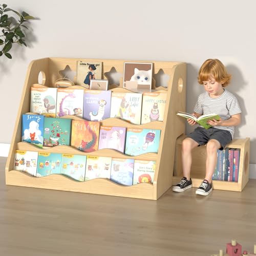 Image of RUPOLX 4-Tier 32x24Inch Scalloped Bookshelf, Kids Bookshelf with Toy Storage, Wooden Toddler Bookcase Organizer for Nursery, Montessori Front Facing Display Shelf for Baby Room