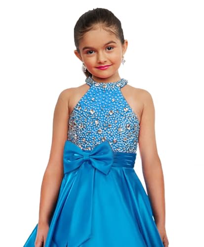 Girls Pageant Dresses Halter Neck Satin Sparkling Dress with Bow Knot Birthday Party Girls Formal Ball Gown2