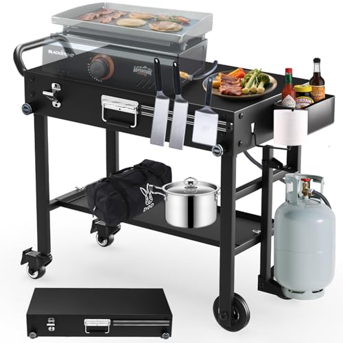 Arribueno Portable Griddle Stand for Blackstone 17 Inch & 22 Inch - Heavy-Duty Grill Table for Blackstone, Ooni Pizza Oven, Ninja Outdoor Grill Cart with Wheels, Gas Tank Holder & Storage