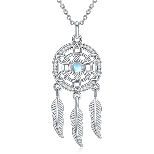 VONALA Collier attrape-rêves en argent sterling 925 avec pendentif en pierre de lune et plume pour femmes et filles, cadeau d'anniversaire, de Noël, Argent...