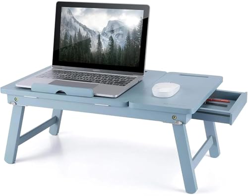 Image of Foldable Wooden Laptop Table for Bed & Sofa | Adjustable Laptop Desk with Tilt Top Cup Slot Drawer | Ergonomic Study Work Table for Home Office Reading Writing Use (Blue)