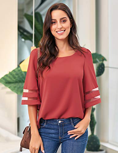 Lookbookstore Women's Crewneck Mesh Panel Blouse 3/4 Bell Sleeve Casual Top Shirt Tea Rose Size Large #TOP2