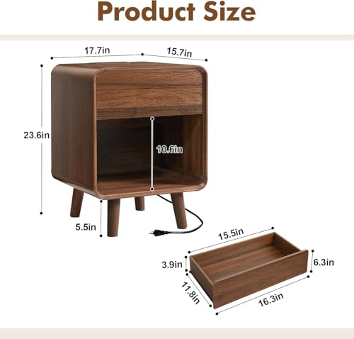 Image of Nasonet Mid Century Modern Small Nightstands Set of 2 with Charging Station, Curved Nightstand with Drawer Wood End Table Bedside Table for Bedroom, Walnut