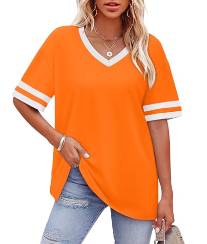 Image of WIHOLL Womens T Shirts Loose Fit Short Sleeve Tees V Neck Color Block Summer Tops 2026 Fashion S-4XL